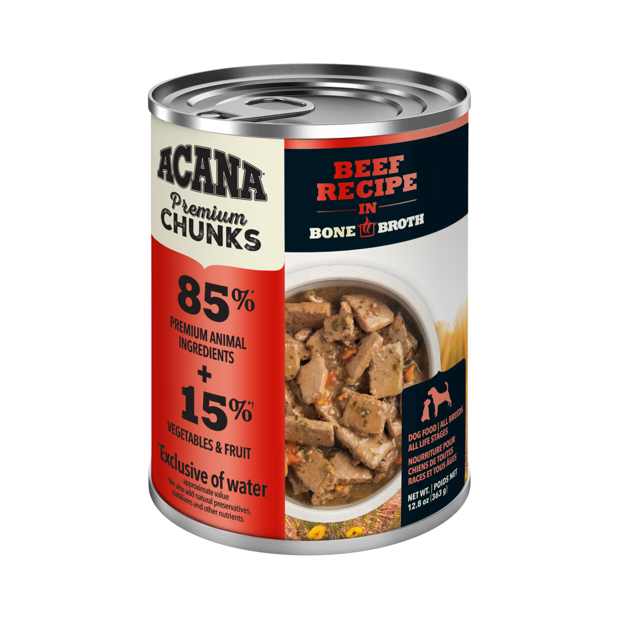 Acana Premium Chunks Grain Free Beef Recipe in Bone Broth Dog Canned